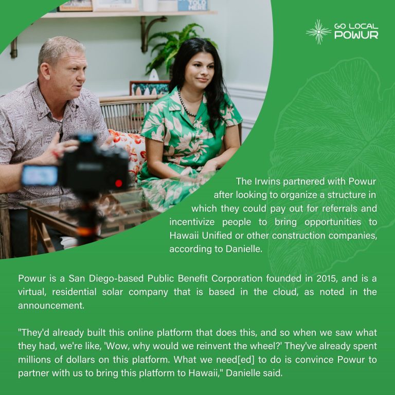 Ryno and Danielle Irwin, Go Local Powur leaders, discussing partnerships and solar opportunities in Hawaii.