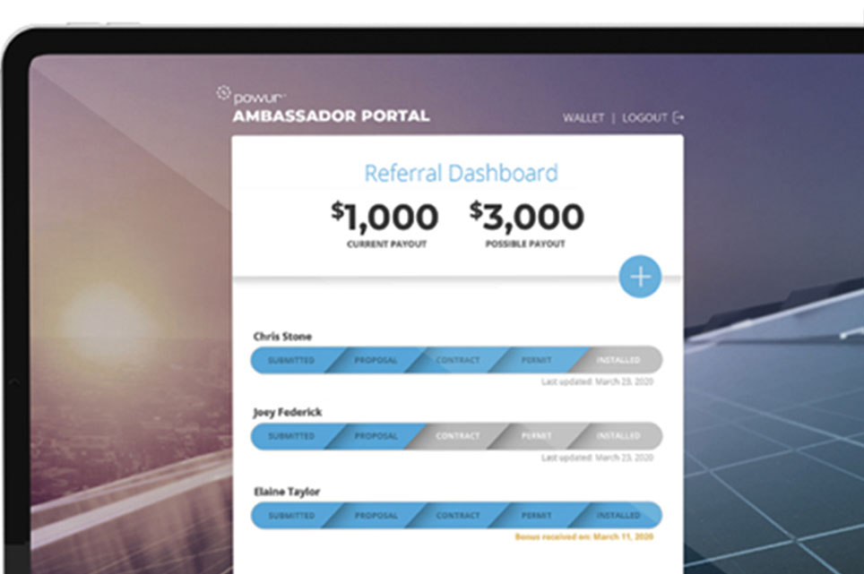 Go Local Powur ambassador portal showing referral dashboard and payout tracking for solar energy projects.