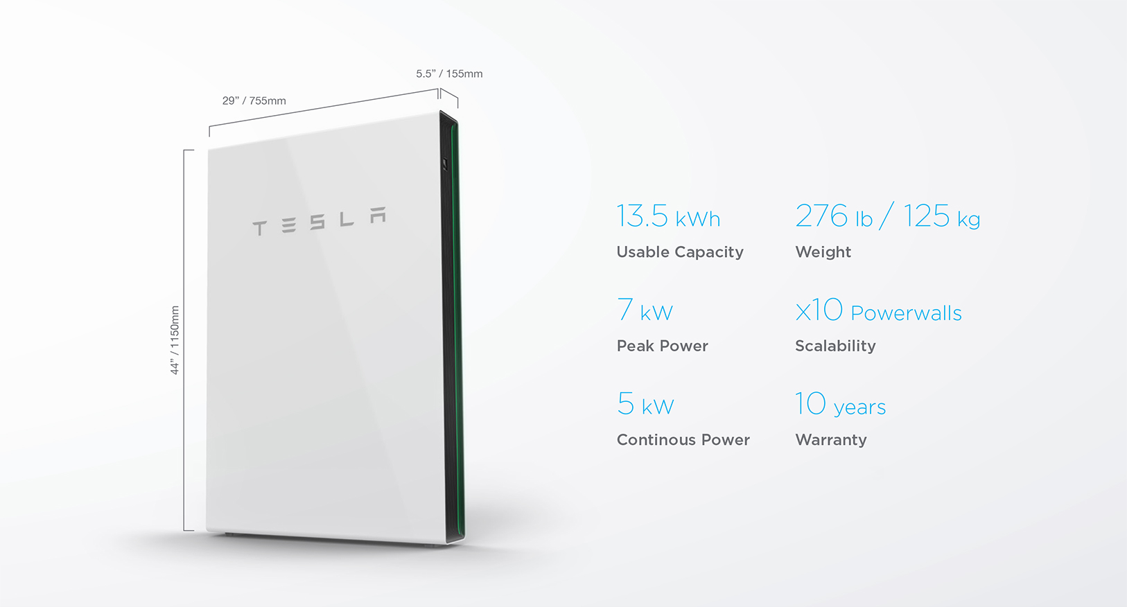 Tesla Powerwall specifications featured by Go Local Powur, offering 13.5 kWh solar energy storage with 10-year warranty in Hawaii.